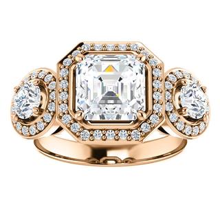 14K Rose Three-Stone Halo-Style Engagement Ring Mounting