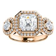 14K Rose Three-Stone Halo-Style Engagement Ring Mounting